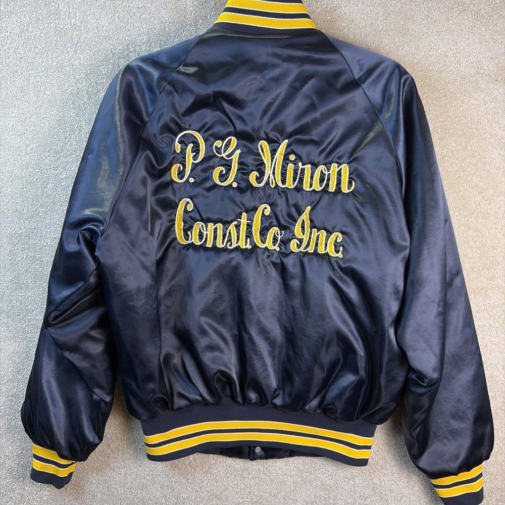 Vintage Dunbrooke Varsity Jacket Men MED Blue Satin Miron Construction Neenah